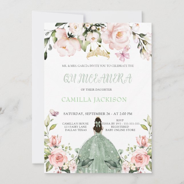 Invitación Moda rosa floral Sage Green Quinceanera (Anverso)
