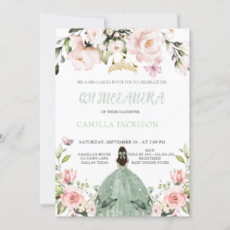 Invitación Moda rosa floral Sage Green Quinceanera