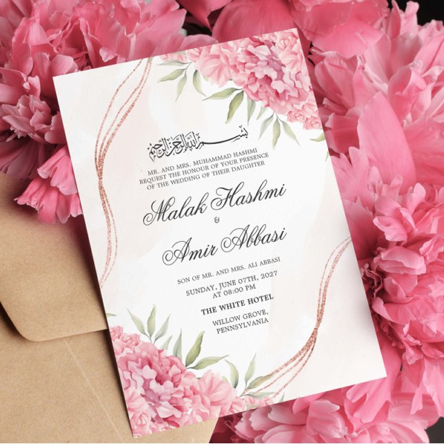 Invitación Moda rosa Floral y hoja Boda musulmana islámica (Subido por el creador)