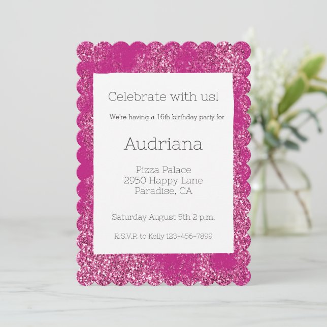 Invitación Moda rosa Glitzy Purpurina Sparkle 16º cumpleaños (Anverso de pie)