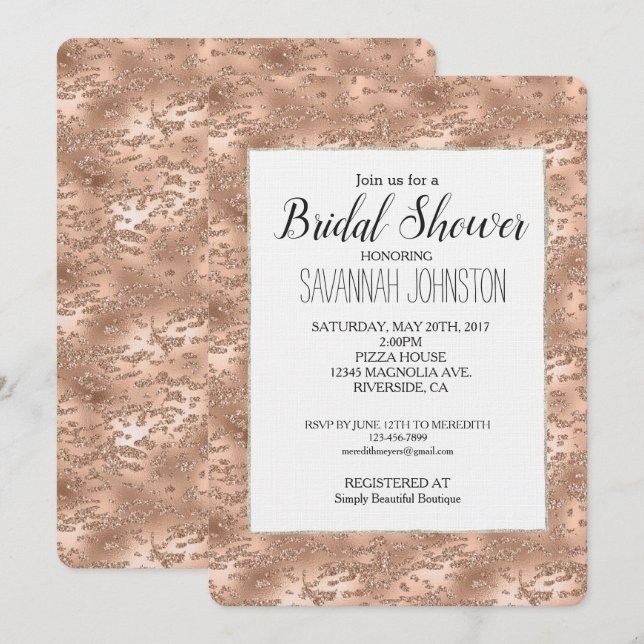 Invitación Moda Rosa Gold Glitzy Glam Bridal Shower (Anverso / Reverso)
