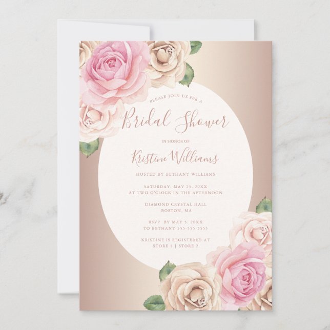 Invitación Moda Rosa Gold Watercolor Floral Bridal Shower (Anverso)
