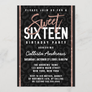 Invitación Moda Rosa gris negro Purpurina de oro Cheetah Swee