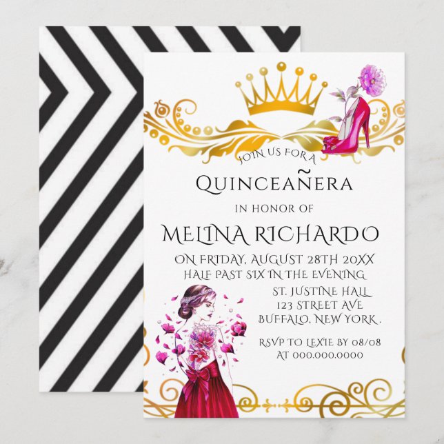 Invitación Moda rosa moderna de banda negra Quinceanera Fiest (Anverso / Reverso)