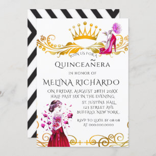 Invitación Moda rosa moderna de banda negra Quinceanera Fiest