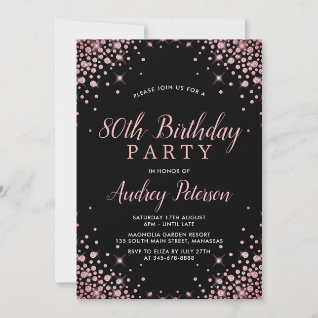 Invitación Moda Rosa moderno Purpurina de oro negro 80 cumple (Anverso)