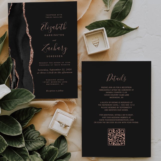 Invitación Moda Rosa negro Agate de oro oscuro Boda de código (Subido por el creador)
