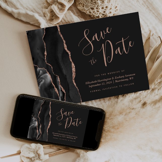Invitación Moda Rosa negro Agate de oro oscuro Guardar tarjet (Subido por el creador)