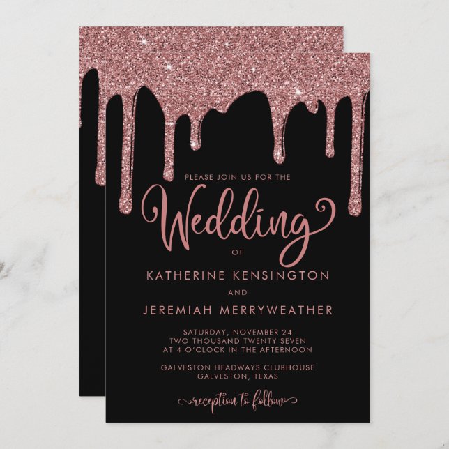 Invitación Moda Rosa negro Boda Purpurina Glam Gold (Anverso / Reverso)