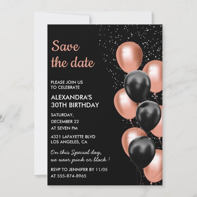 Invitación Moda Rosa negro globo de oro 30 Save the Date (Anverso)