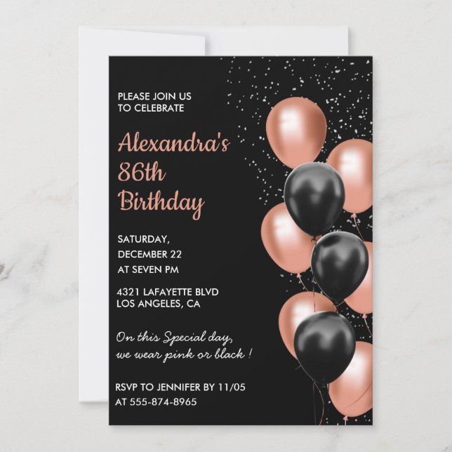 Invitación Moda Rosa negro oro 86º cumpleaños (Anverso)