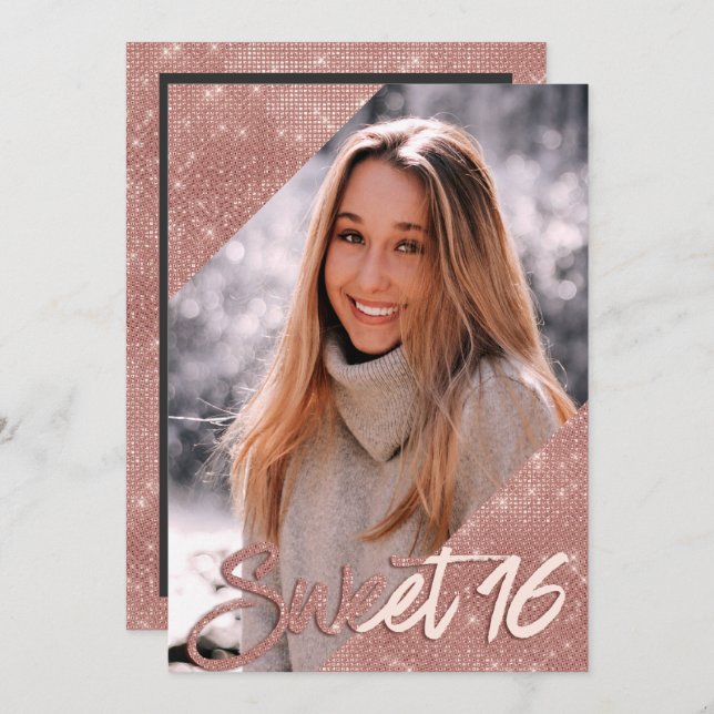 Invitación Moda Rosa negro Oro Purpurina foto dulce 16 (Anverso / Reverso)