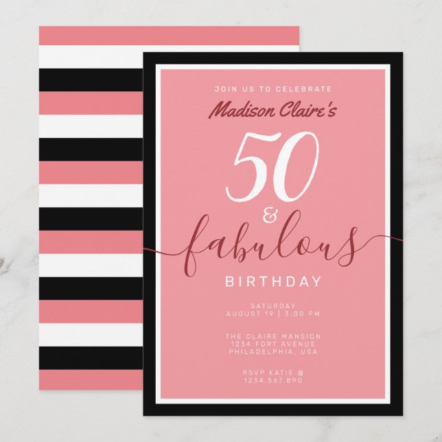 Invitación Moda Rosa Negro y Blanco 50 y fabuloso cumpleaños (Anverso / Reverso)
