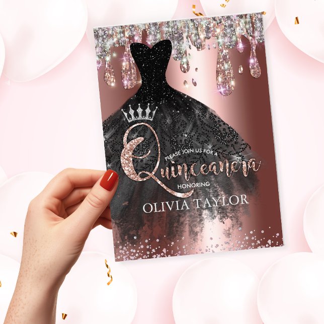 Invitación Moda rosa oro purpurina de plata goteo Quinceanera (Subido por el creador)