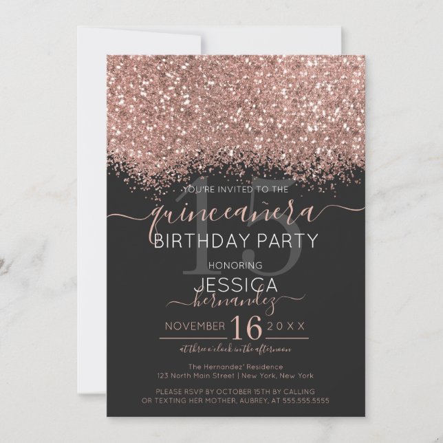 Invitación Moda Rosa Oro Purpurina Negro Confetti Quinceañera (Anverso)