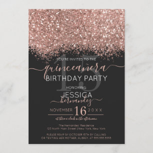 Invitación Moda Rosa Oro Purpurina Negro Confetti Quinceañera