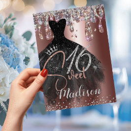 Invitación Moda rosa oro purpurina plata gotea dulce 16