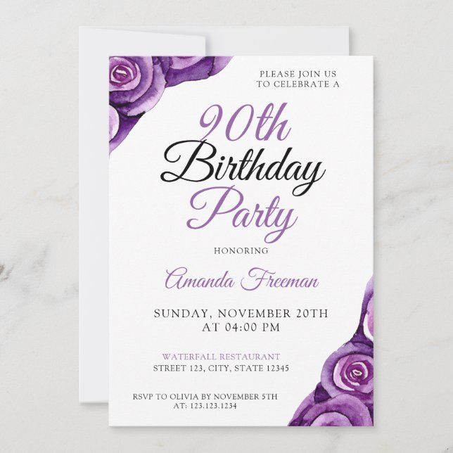 Invitación Moda Rosa púrpura 90 cumpleaños (Anverso)