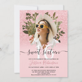 Invitación Moda rosa purpurina foto oscura con flores Dulce 1