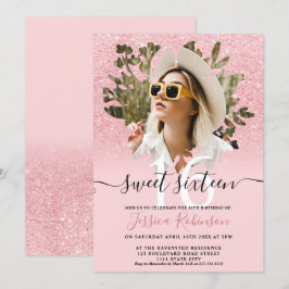 Invitación Moda rosa purpurina foto oscura con flores Dulce 1