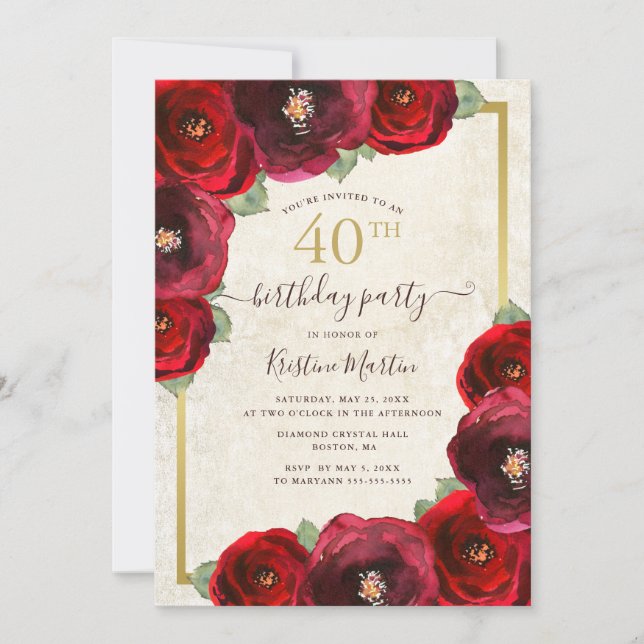 Invitación Moda Rosa Rojo Acuarela Floral Oro 40 cumpleaños (Anverso)