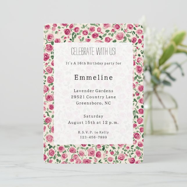 Invitación Moda Rosa Rosa Rosa bonito Cumpleaños Floral (Anverso de pie)