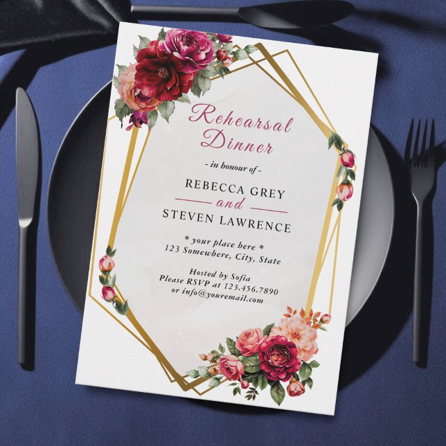 Invitación Moda rosa rosa rosa floral faux - cena de oro (Subido por el creador)
