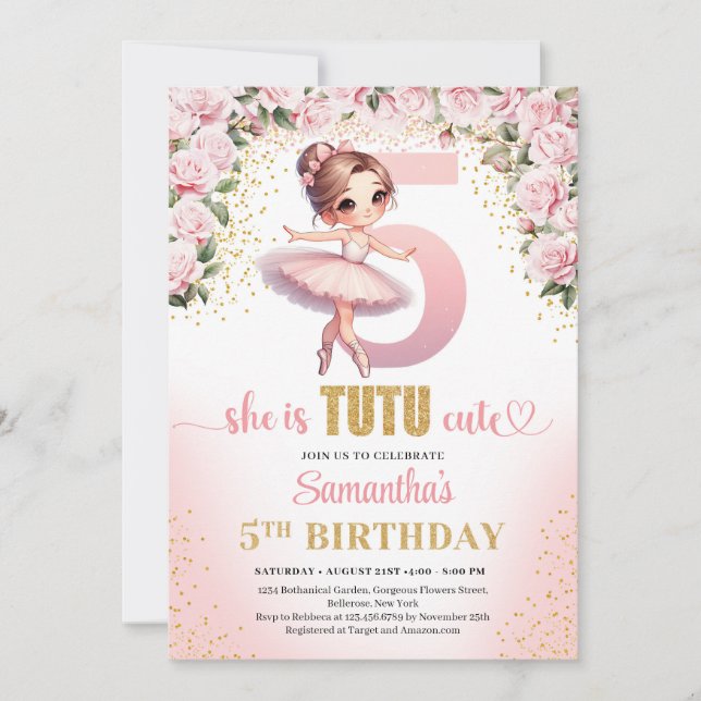 Invitación Moda rosa rosas oro bailarina chica 5 cumpleaños (Anverso)