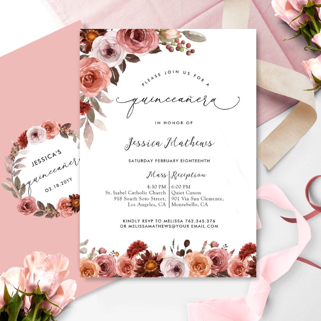 Invitación Moda Rosa, Rubor y Borgoña Floral Quinceañera (Subido por el creador)