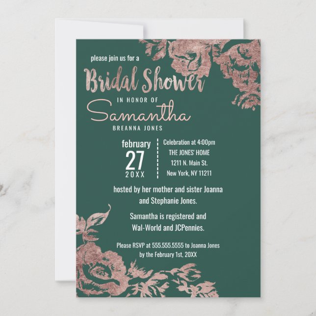 Invitación Moda Rosa verde esmeralda dorado ducha de novia fl (Anverso)