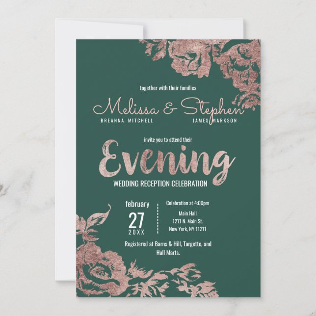 Invitación Moda Rosa Verde Esmeralda Dorado Noche Floral (Anverso)