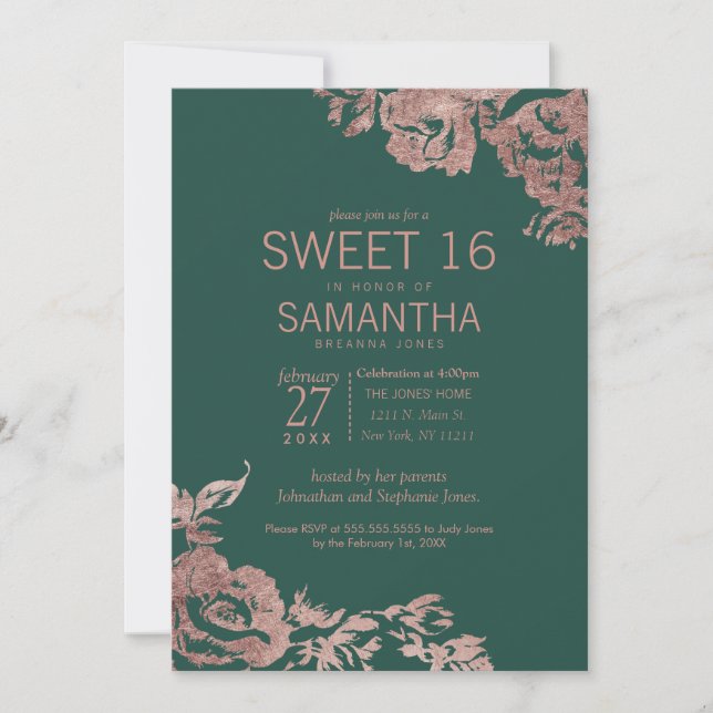 Invitación Moda Rosa verde esmeralda oro dulce de flores 16 (Anverso)