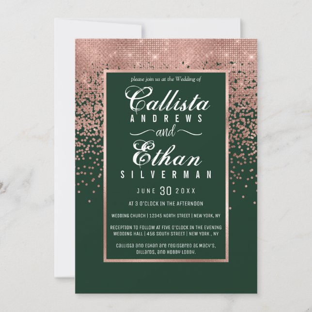 Invitación Moda Rosa Verde Oro Purpurina Confetti Boda (Anverso)
