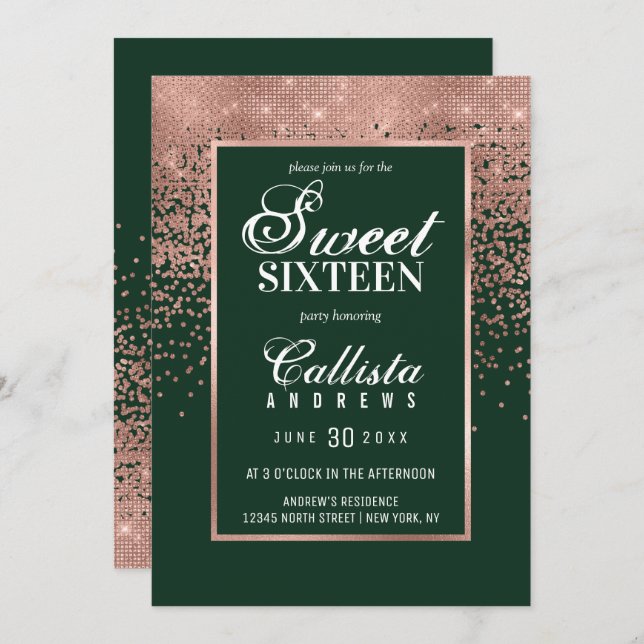 Invitación Moda Rosa Verde Oro Purpurina Confetti Dulce 16 (Anverso / Reverso)