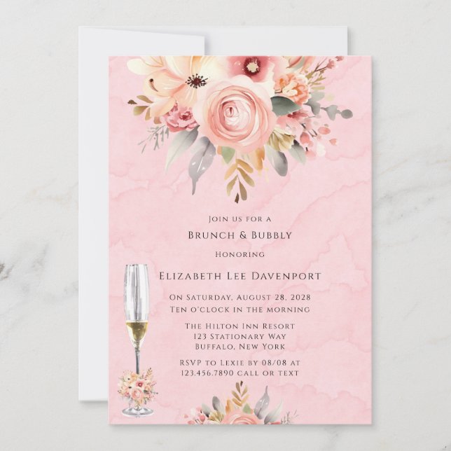 Invitación Moda rosa y dorada Florals Brunch & Bubbly (Anverso)