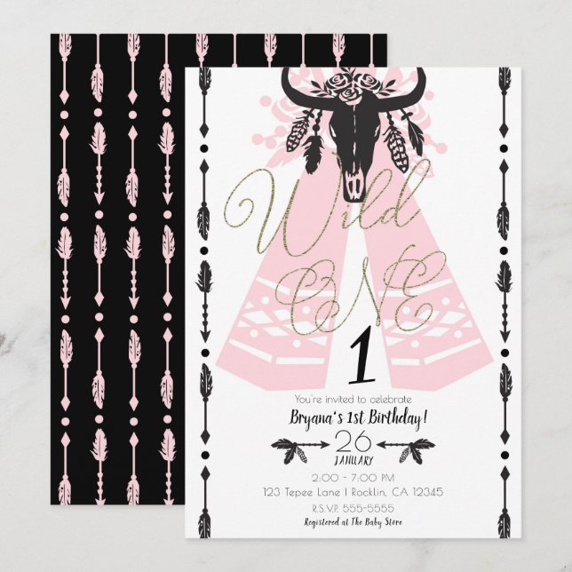 Invitación Moda Rosa y Negro Boho Salvaje Un primer Fiesta de (Anverso / Reverso)