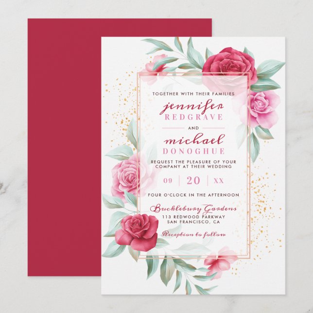 Invitación Moda rosa y roja moderna florece Boda botánico (Anverso / Reverso)