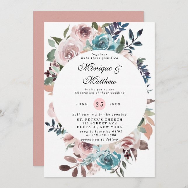 Invitación Moda Rosa y Verde azulada acuarela Peony Boda Invi (Anverso / Reverso)