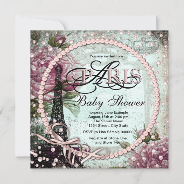 Invitación Moda rosa y Verde azulada París Baby Shower (Anverso)