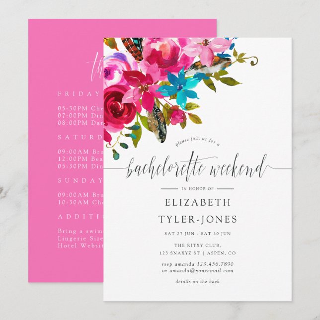 Invitación Moda Rosada Boho Floral Bachelorette Agenda de fin (Anverso / Reverso)