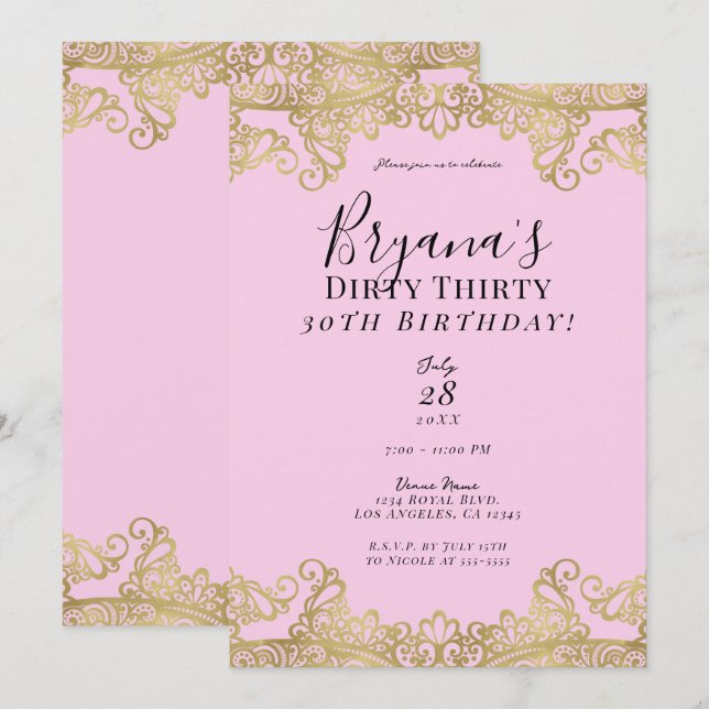 Invitación Moda rosada y dorada 30 30 cumpleaños (Anverso / Reverso)