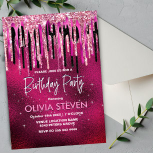 Invitación Moda rosado caliente goteo negro purpurina monogra
