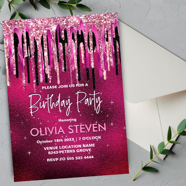 Invitación Moda rosado caliente goteo negro purpurina monogra (Subido por el creador)