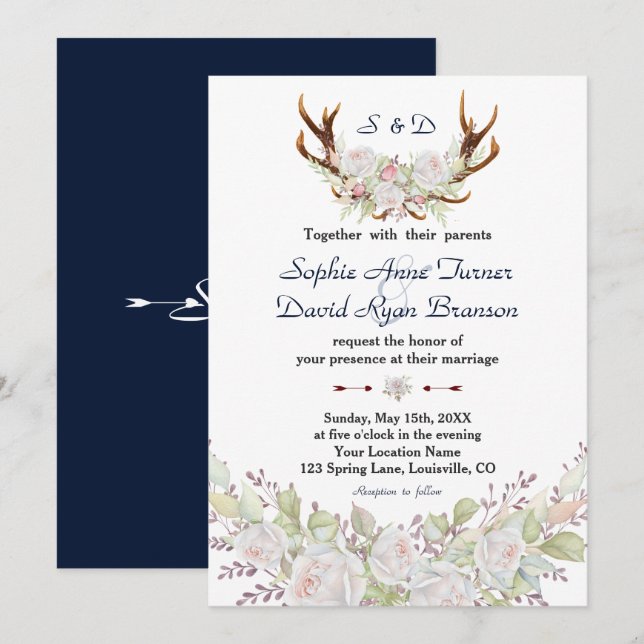 Invitación Moda Rosas Blancas Borgoña Boda de la Marina (Anverso / Reverso)