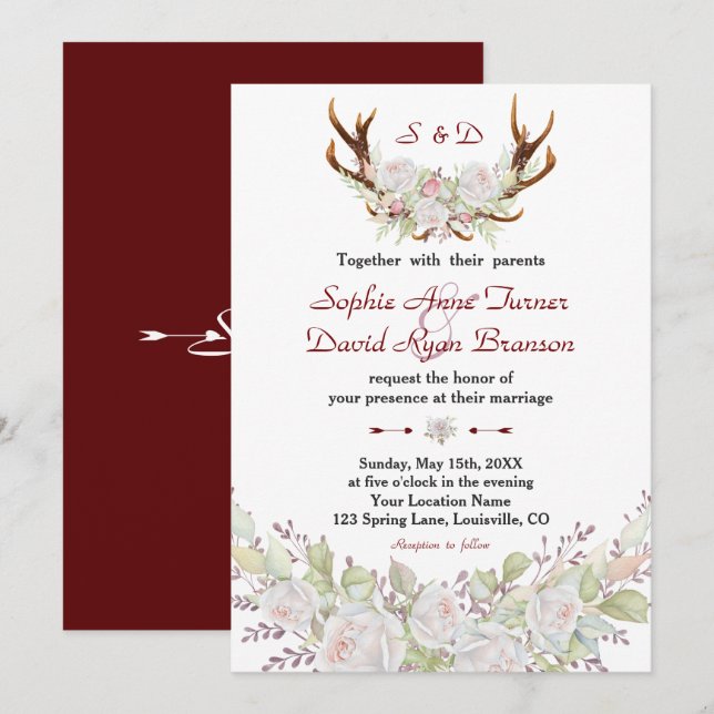 Invitación Moda Rosas Blancas Burgundy Antlers Boda (Anverso / Reverso)