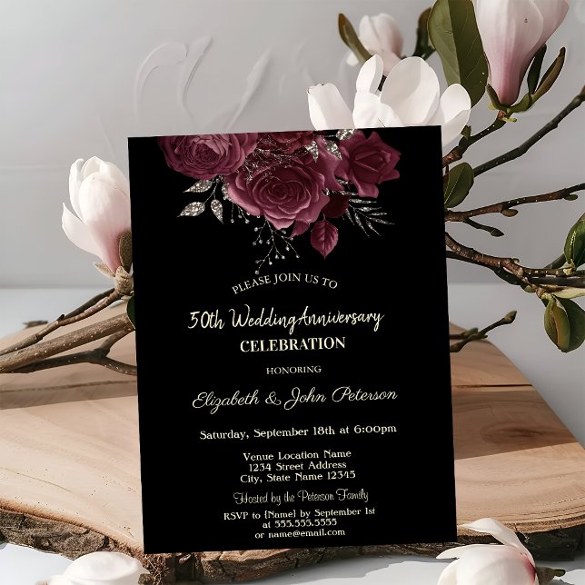 Invitación Moda Rosas de Borgoña Aniversario del Boda Negro (Subido por el creador)