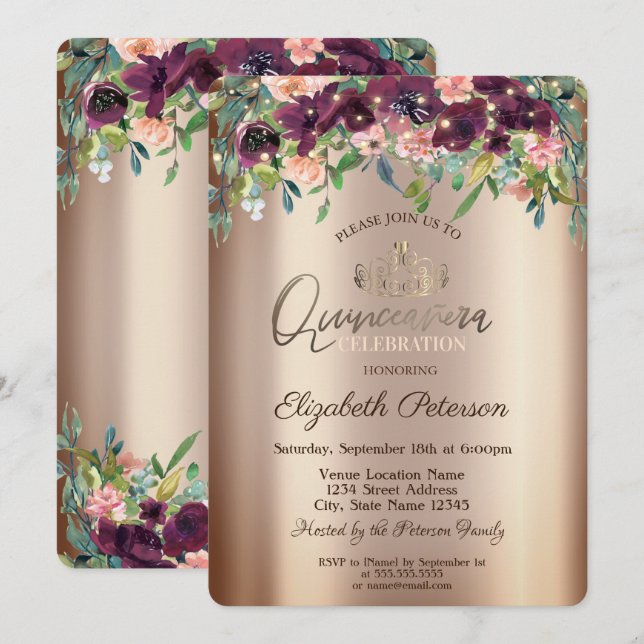 Invitación Moda Rosas de las flores de Borgoña Quinceañera (Anverso / Reverso)