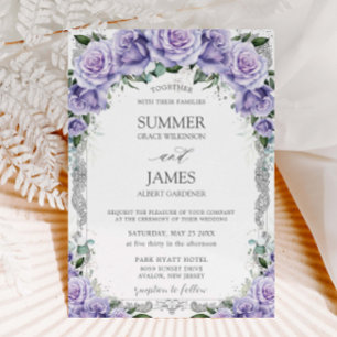 Invitación Moda Rosas de Lavanda Morada Boda Plata Floral