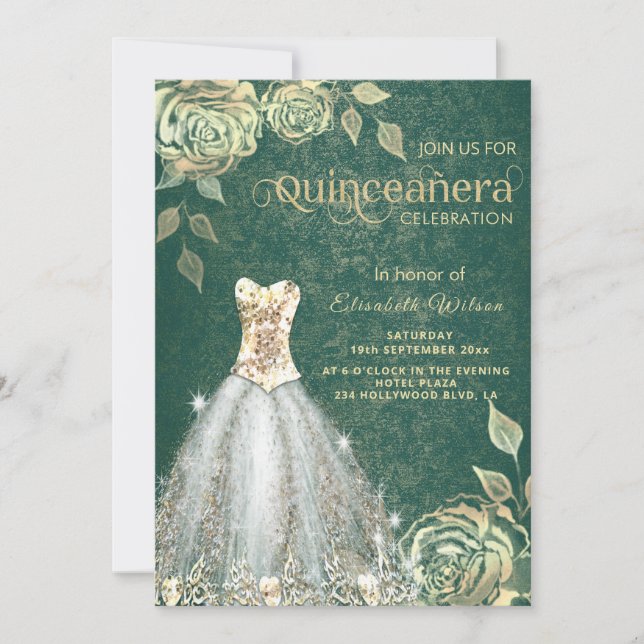 Invitación Moda rosas de oro verde vestido de moda Quinceañer (Anverso)