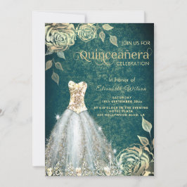 Invitación Moda rosas de oro verde vestido de moda Quinceañer